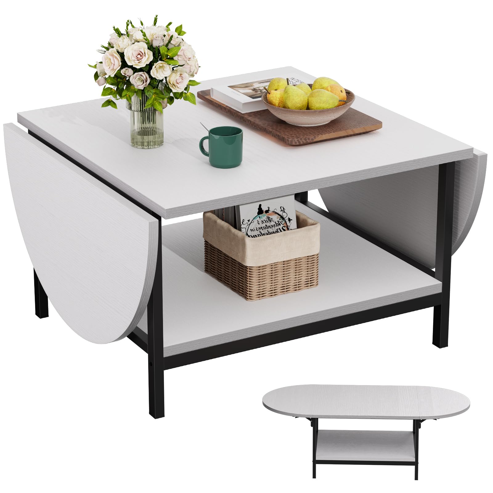 Ovale salontafel - Salontafel met opbergruimte U-vormige poten - wit Ovale salontafel - Salontafel met opbergruimte U-vormige poten - wit