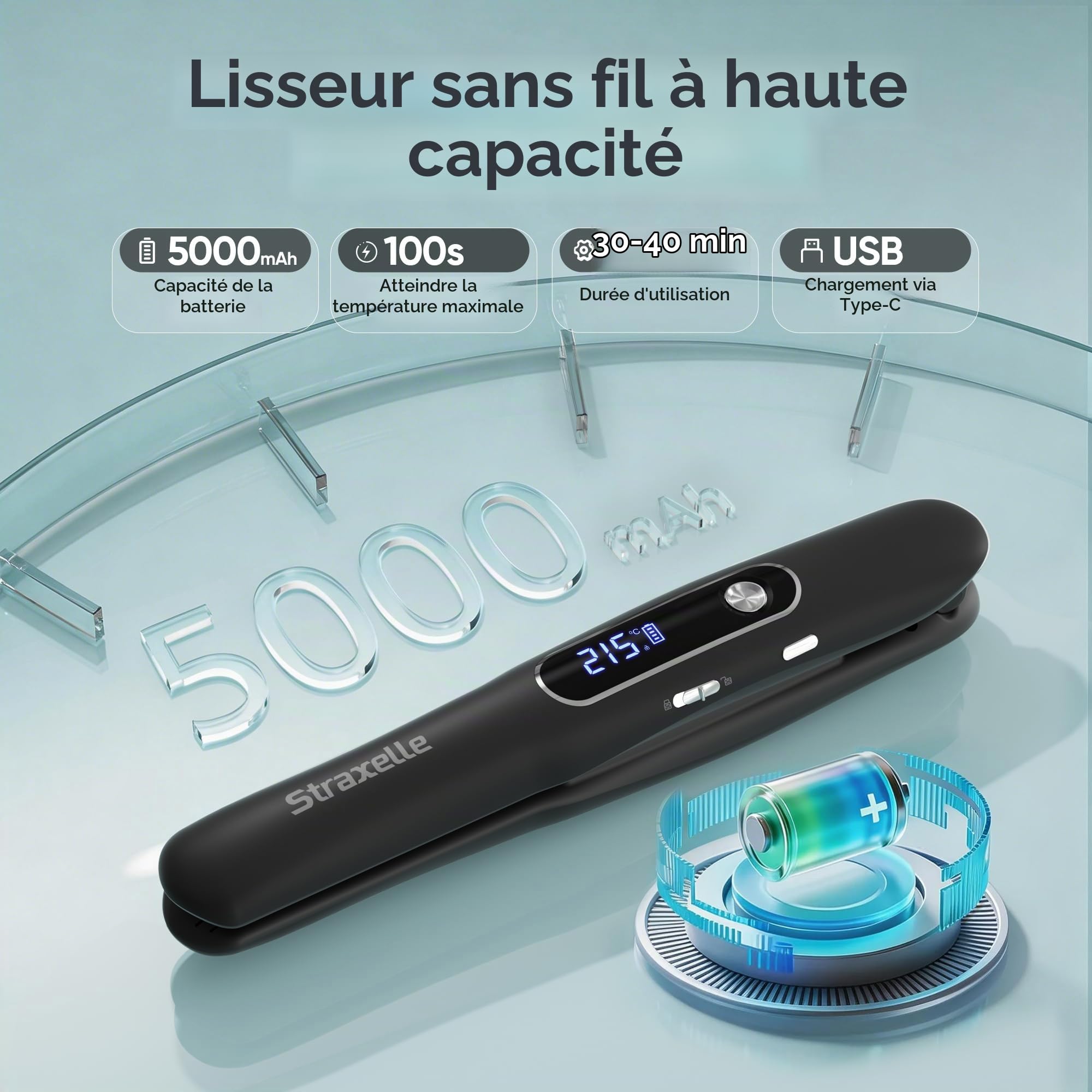 2 en 1 Mini Lisseur Sans Fil de Voyage 175°C-215°C pour Femmes et Hommes