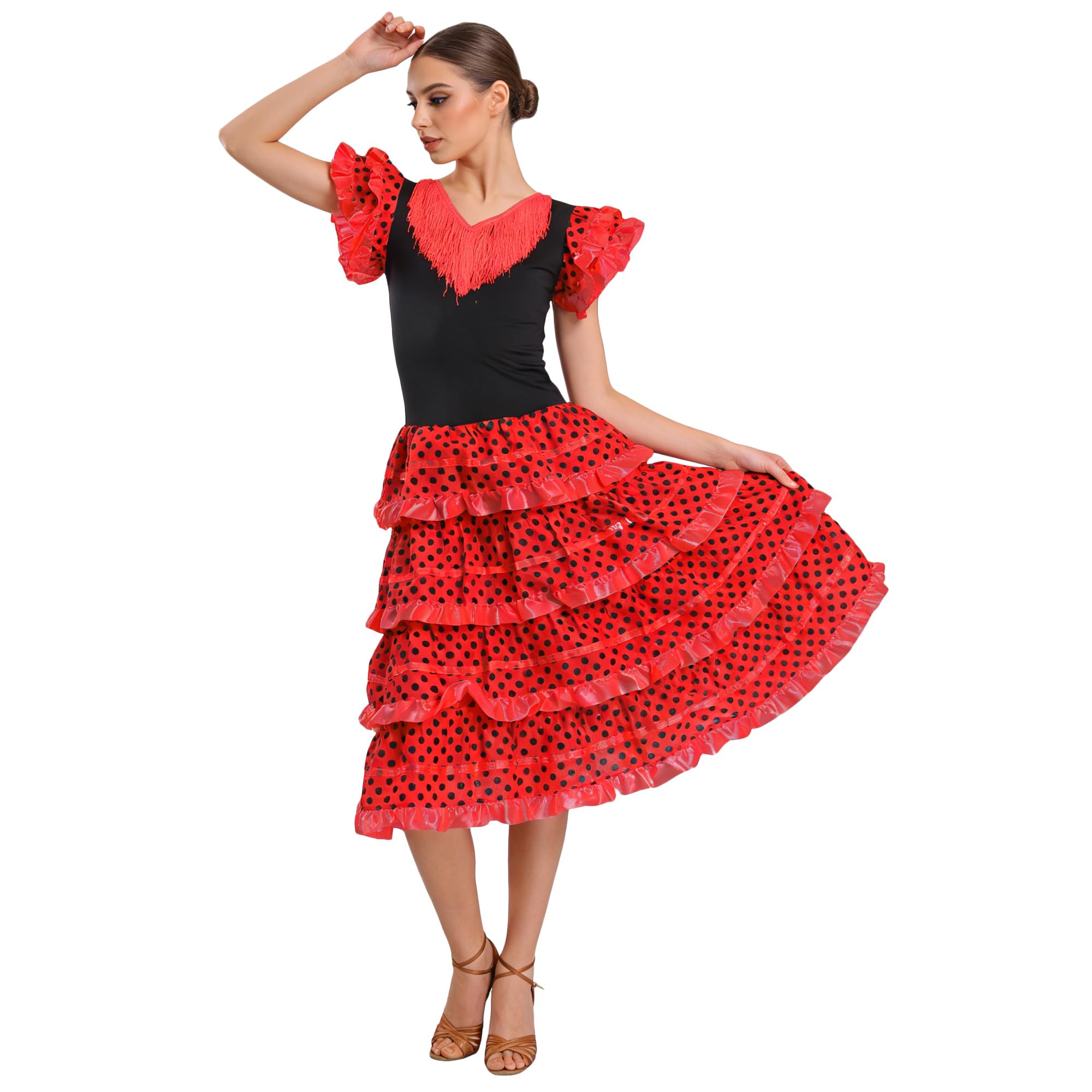 Wildarms Vestido Flamenca Mujer Disfraz Sevillana Traje Andaluz Cordobés con Volantes para Feria de Abril Sevilla Baile Flam - variaciones