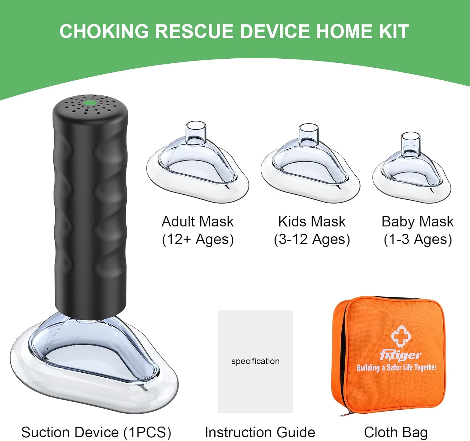 Contents of the Fitiger Choking Rescue Device Home Kit showing suction device, adult, kids, and baby masks, instruction guide, and cloth bag.