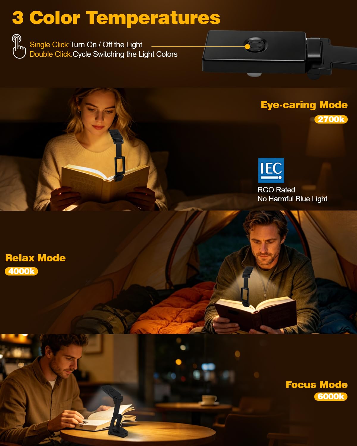 3000 K wiederaufladbares warmes LED-Licht für Bücher, einfache Augen, Leselampen mit Clip für Bett, Auto und Reisen, leicht, schlank, 60 g, ideal für Leser