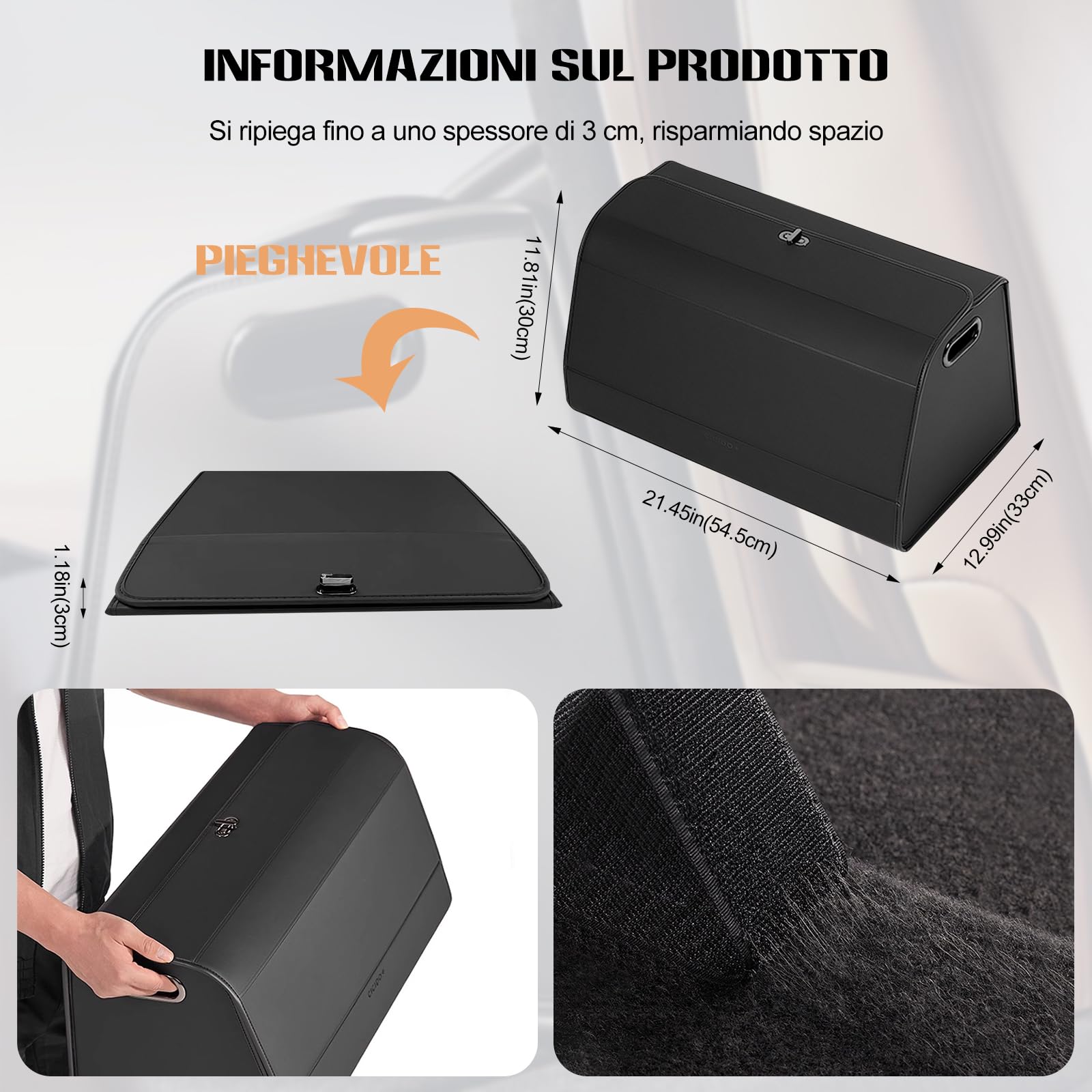 Ergocar Organizer pieghevole per bagagliaio, in pelle, apertura a 180°, scatola multi-scomparto, fondo antiscivolo, accessorio essenziale