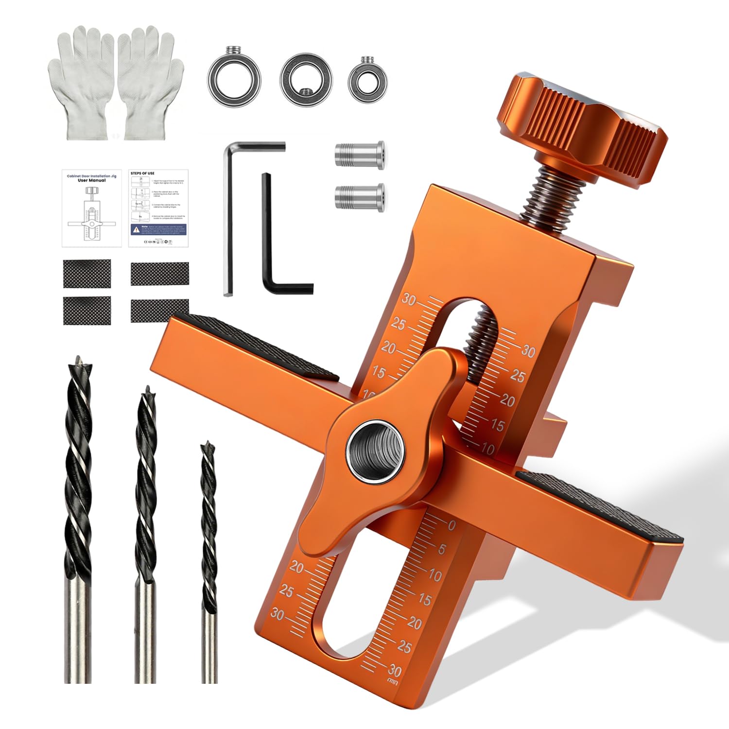 2-en-1 Positionneur d'Installation de Porte d'Armoireréglable en Hauteur, Gabarit de Percage, Forets 6/8/10 mm, pour Porte d'Armoire, Compatible panneaux 7–40 mm, Manuel d'instructions illustré