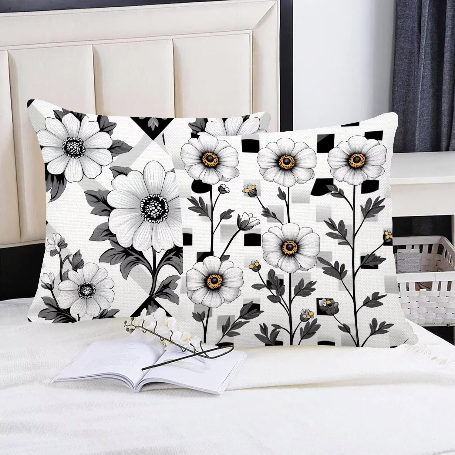 Fundas Cojines 70 x 70 cm Juego de 4 Cojines Exterior, Negro Flores (3) Lino Impermeable Sofa Fundas Cojin de para Sofá, Sala, Estar, Jardín, Coche, Decoración Del Hogar, con Cremallera Oculta m-263
