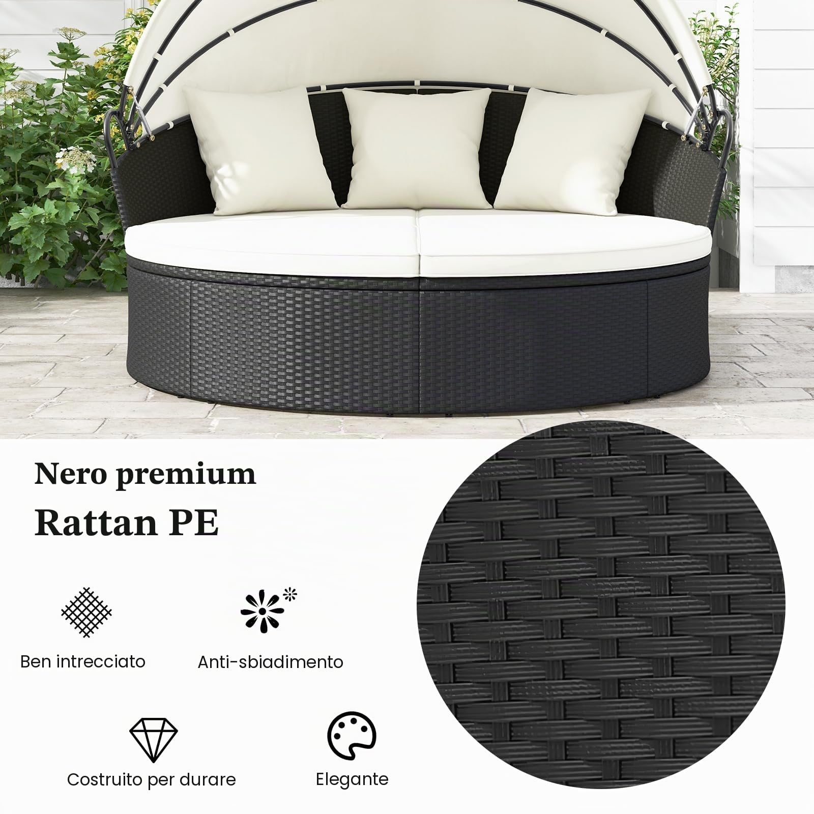 GIANTEX Isola prendisole con lettino e cuscini, tettuccio pieghevole, rattan lounge da giardino, sdraio da giardino, set rotondo φ187 cm per 2-3 persone, mobili da giardino per terrazzo (Bianco)