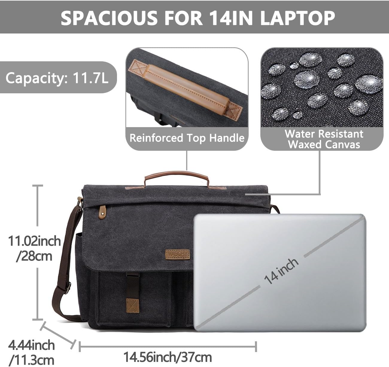 Messenger Bag for Men,VASCHY Vintage Water Resistant Canvas Satchel 14 15.6 17inch Laptop Briefcase - Image 3
