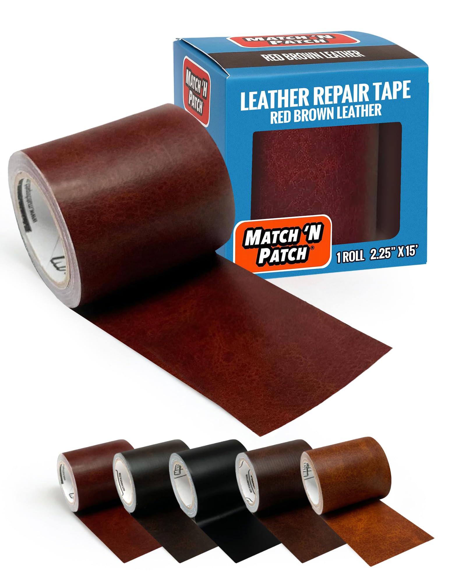 MATCH 'N PATCH Realistic Leather Repair Tape - Adhesive Leather Patch for Sofa, Car Seats & Upholstery, Easy-to-Apply - Red Brown, 5.72 x 457.2 cm
