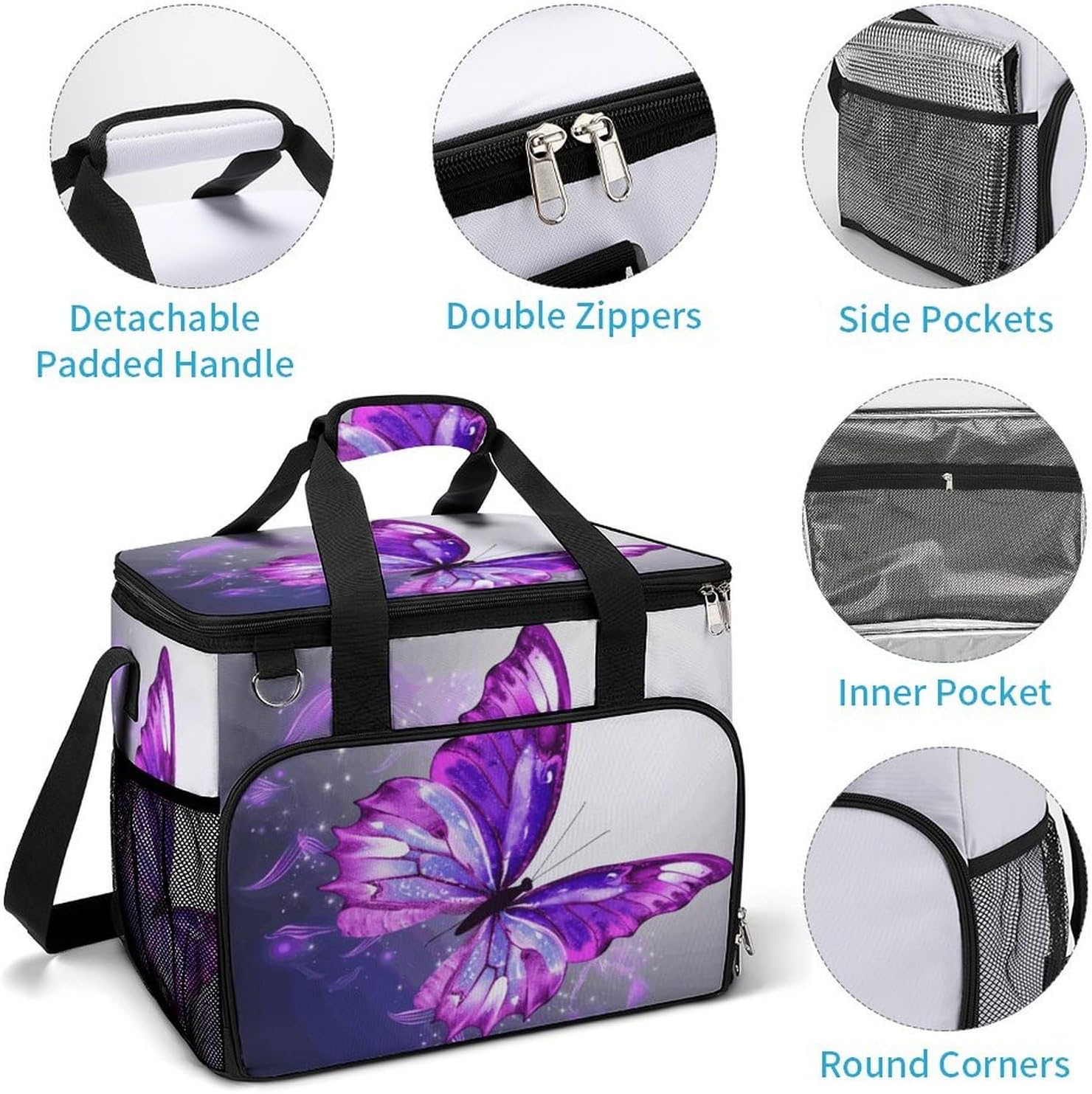 Large Capacity Oxford Cloth Purple Butterfly Printed Camping Ice Bag, Outdoor Portable Insulation and Cooling Bag, Suitable for Outdoor Camping and Picnics