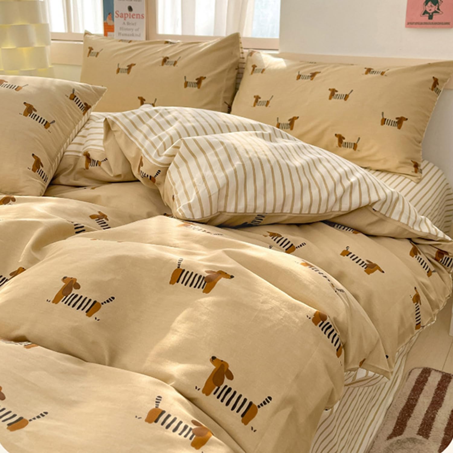 Tospass Dackel Bettwäsche 135x200cm 4teilig Khaki Gestreift Dachshund Wendebettwäsche aus Microfaser Kinder Streifen ÖKO-TEX Bettwäsche Set 2 Bettbezug mit Reißverschluss und 2 Kissenbezug 80x80cm