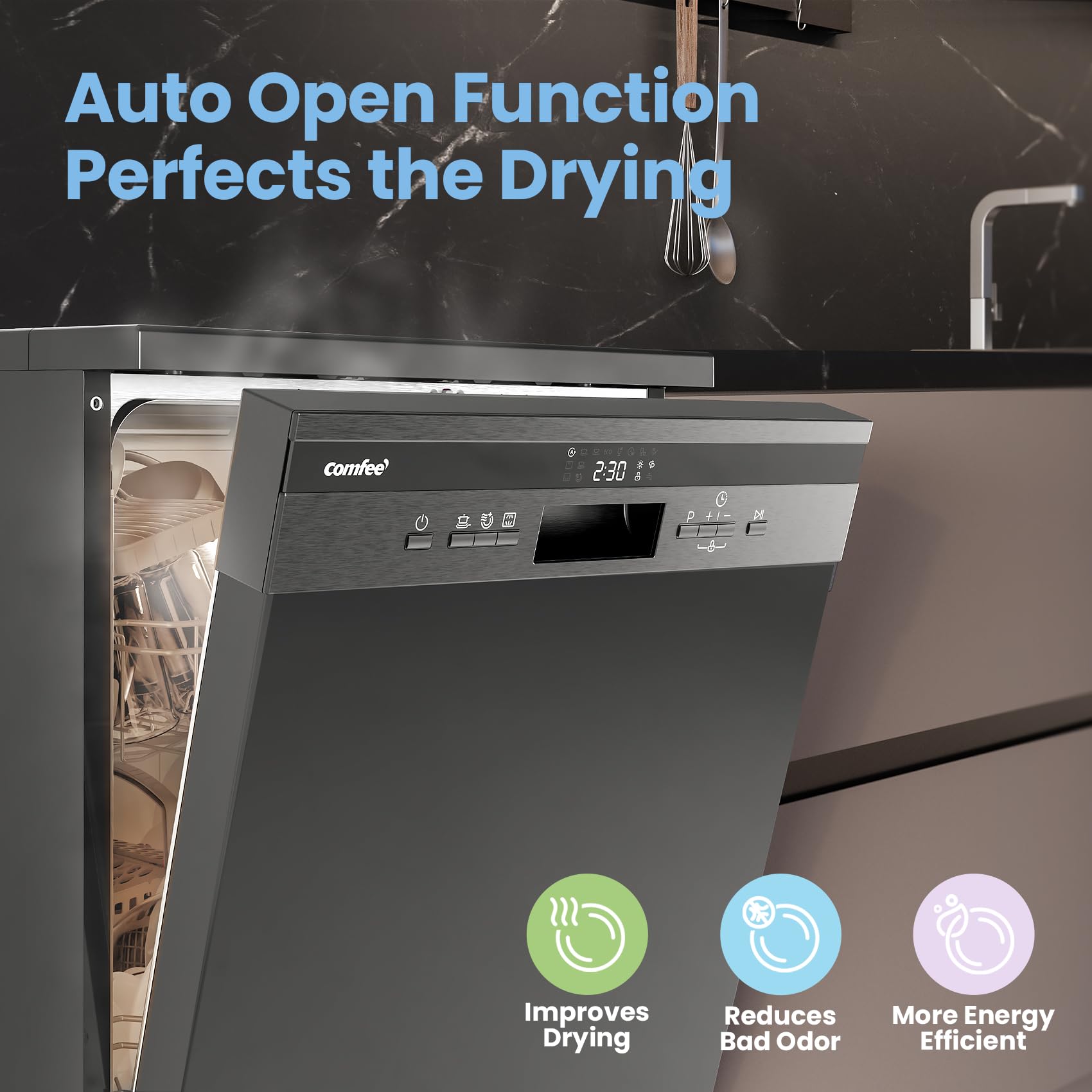COMFEE' Freestanding Dishwasher with 14 Place Settings, 44dB Quiet Full Size Dishwashers, CDWEF1435EBC-UK, ECO Wash, Auto Open Drying, Half Load, Delay Start, Wide LED Display, Black — view 6