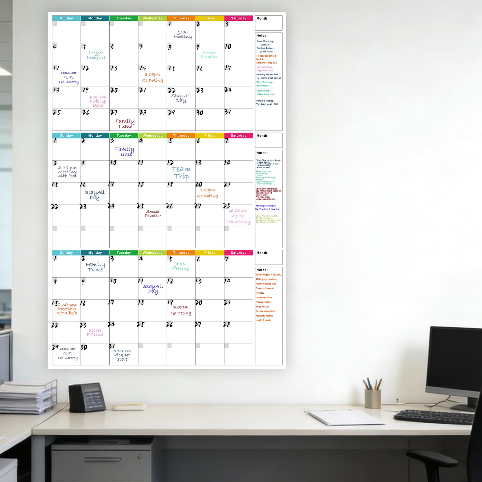 Großer, trocken abwischbarer Wandkalender – undatierter 3-Monats-Wandkalender, 61 x 91,4 cm, löschbar und wiederverwendbar, laminierter Whiteboard-Kalender