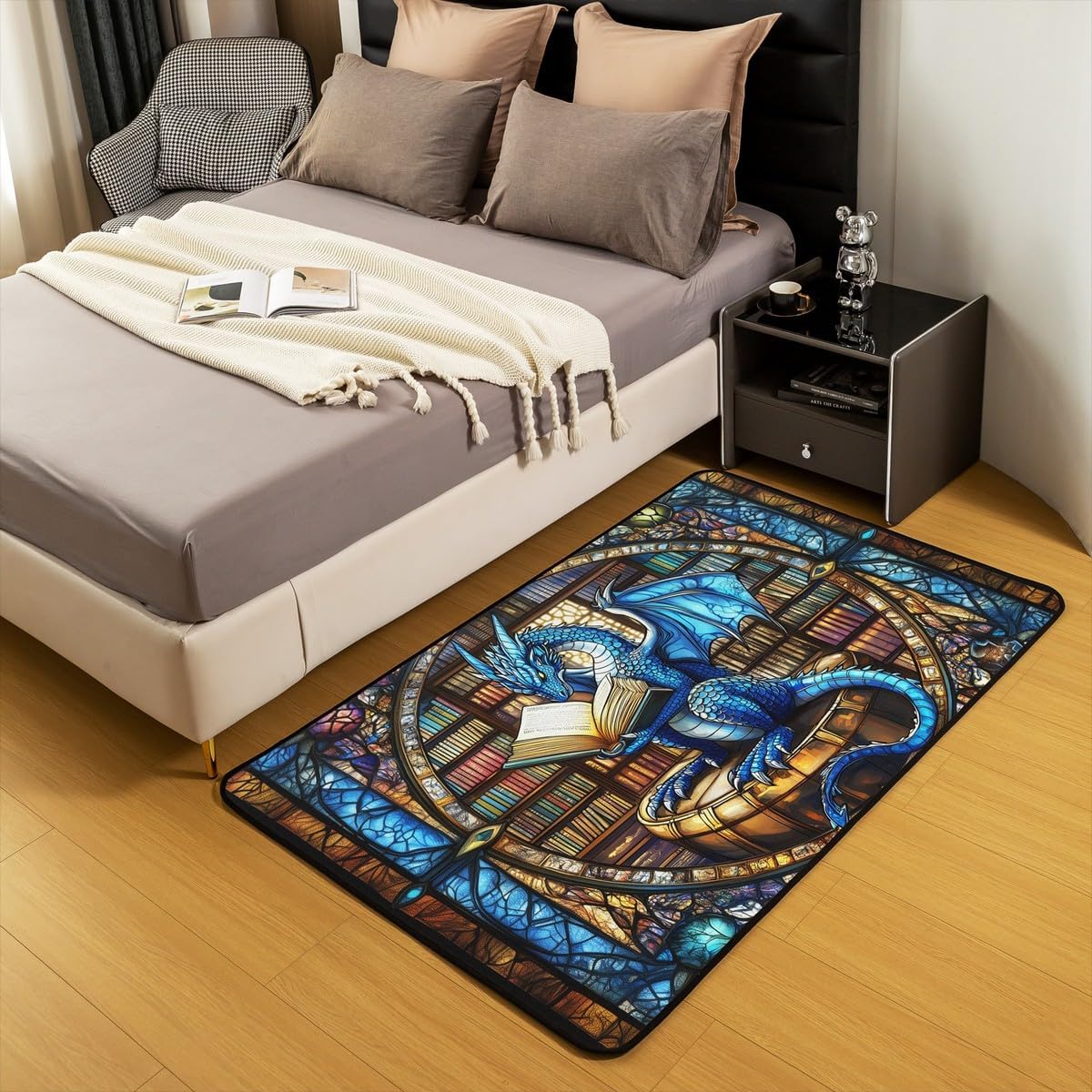 Western Dragon Kids Area Rug,Blue Dragon Reading Book Bookshelf Mats Rugs for Boys Girls,Geometric Patchwork Abstract Bath Carpets,Trippy Chic Bath Rugs,Absorbent Floor Mats,5'x6'6''