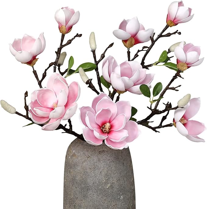 Emivery 3PCS Artificial Magnolia Stems Fake Real Touch Pink