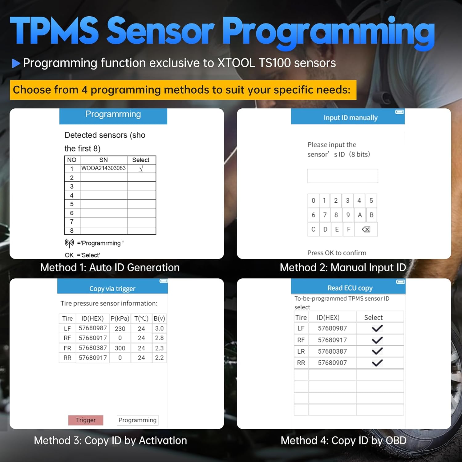 XTOOL TP150 screen showing TPMS sensor programming options