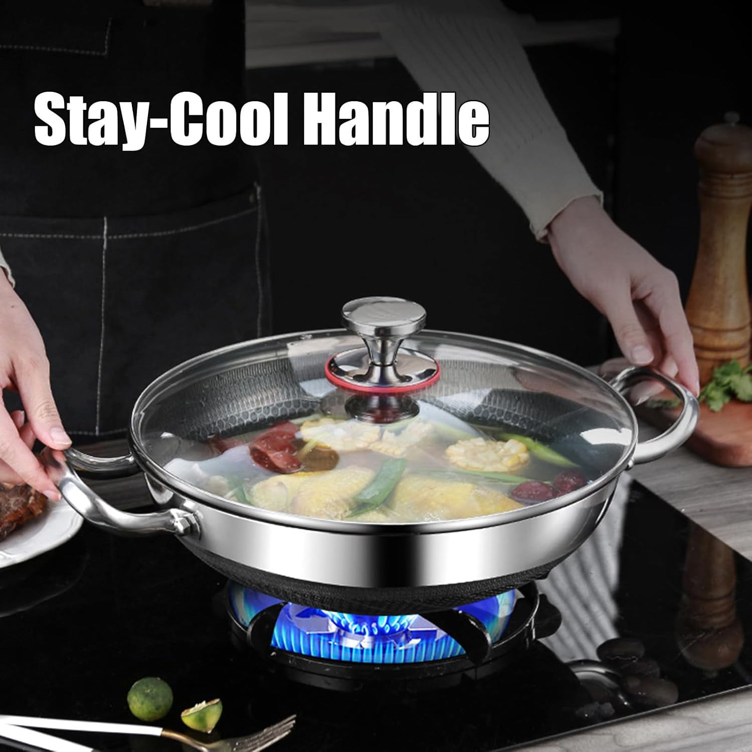 Wok Pan, Hybrid Nonstick Wok with Lid, Non Stick Stainless Steel Large Deep Woks&Stir-Fry Pans,Stay-Cool Handle Skillets,PFOA Free Cookware, Works on Induction,13.39in