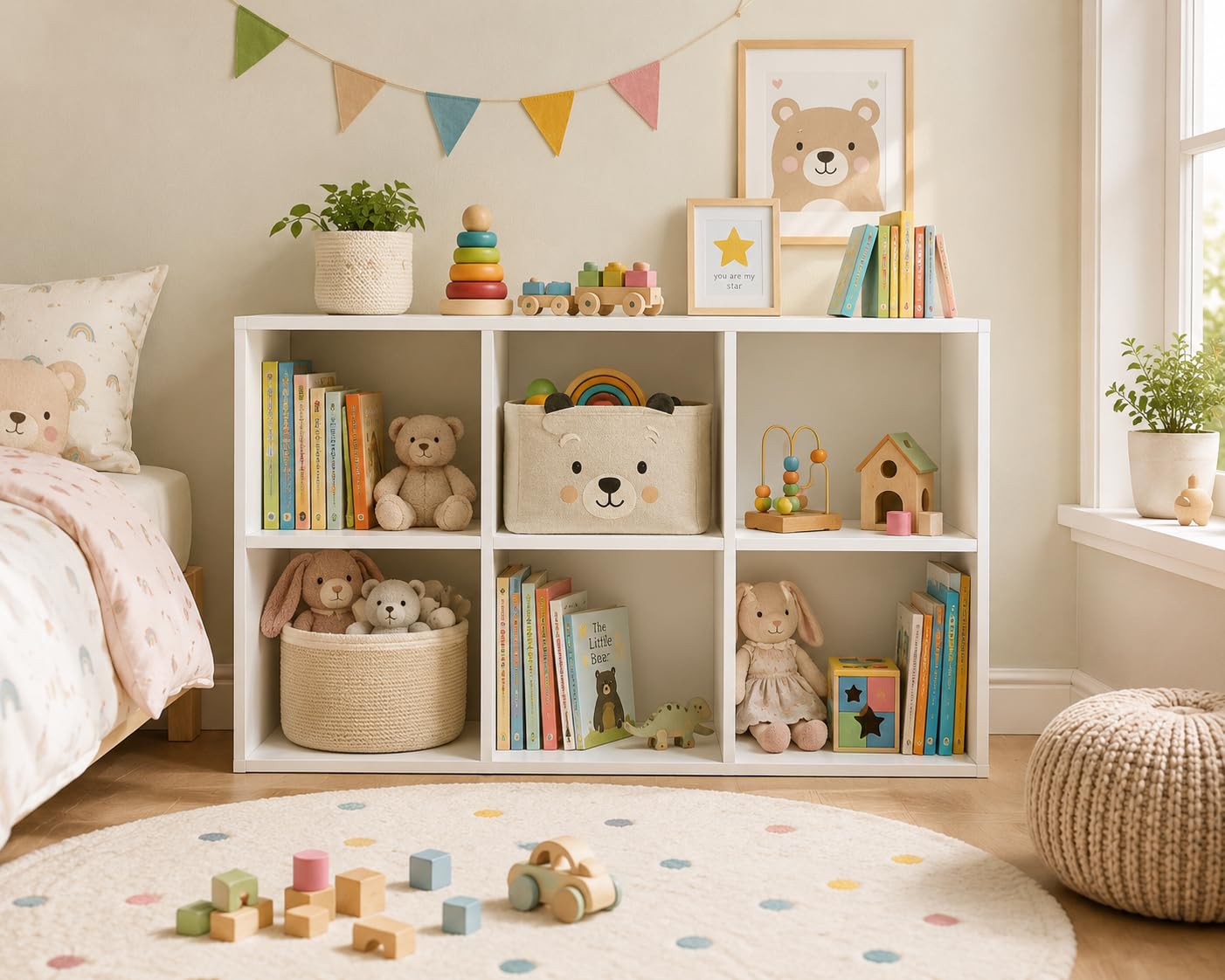 Mueble Organizador de Juguetes con 6 Cubos, Estantería Infantil Blanca para Libros, Peluches y Cajas, Almacenaje Montessori con 3 Paneles Traseros Desmontables, 92,5 x 29 x 62 cm