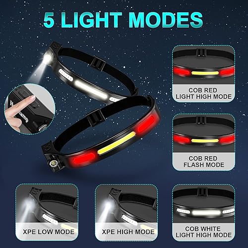 Miniatura 2 de COSMOING Linterna frontal roja recargable tipo C, 500 lúmenes, 5 modos, luz blanca ultra brillante con sensor de movimiento, linterna impermeable