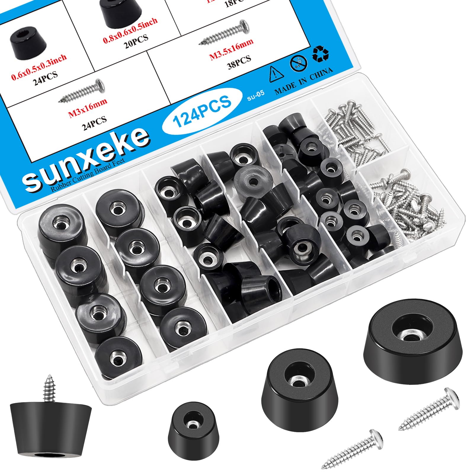 124Pcs Rubber Feet for Cutting Board with Stainless Washer Screws Assortment Kit,3 Sizes (0.6inch, 0.8inch, 1inch),Non Slip Rubber Bumper Feet for Furniture, Cabinets, Electronics