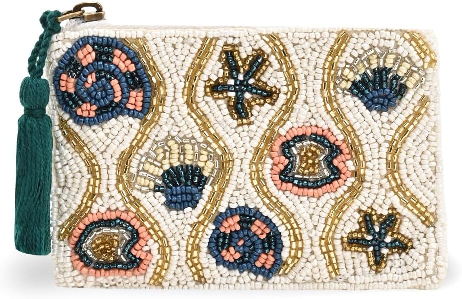 America & Beyond Coastal Shell Beaded Pouch, White, Starfish and Seashell Design, Tassel Zipper, 5 x 3.5 Inches