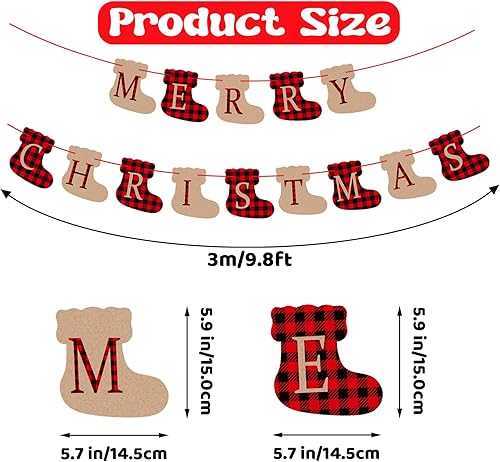 Miniatura 2 de Cartel de Feliz Navidad, decoraciones navideñas preencordadas de búfalo a cuadros, decoraciones navideñas con forma de calcetín, letrero de Feliz