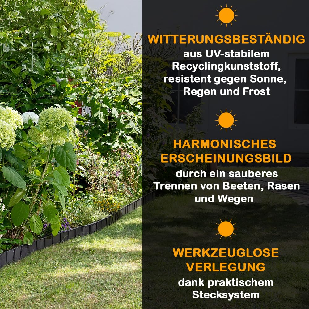 Edgar Rasenkante Set 12 Stück, Flexible Beetumrandung 4,5m, Stecksystem für Gartenwege & Beete, Beetbegrenzung Kunststoff, Blumenbeet Umrandung