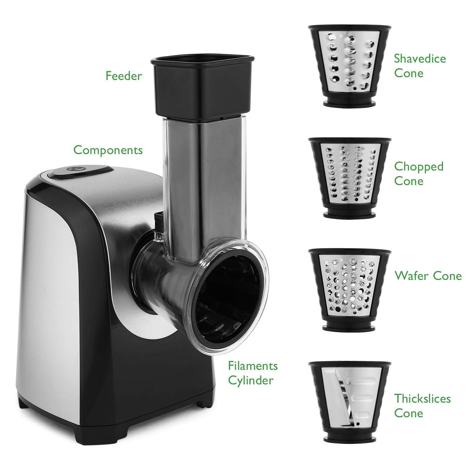 Meykey Rallador Eléctrico Multifunción 5 en 1,Rallador cocina, Cortador de Verdura Eléctrico 150W, Plateado