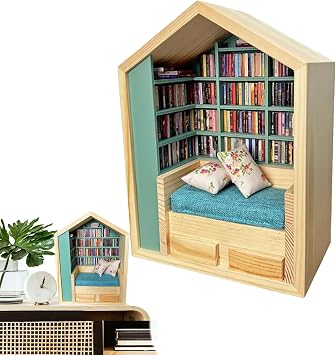 3D BookNook Miniature Kit - Wooden Small House Library, Handmade Book Nook | Creative Assembly Craft Kit for Adults, Decorative Bookshelf Inserts for Living Room, Bedroom, Study, Office