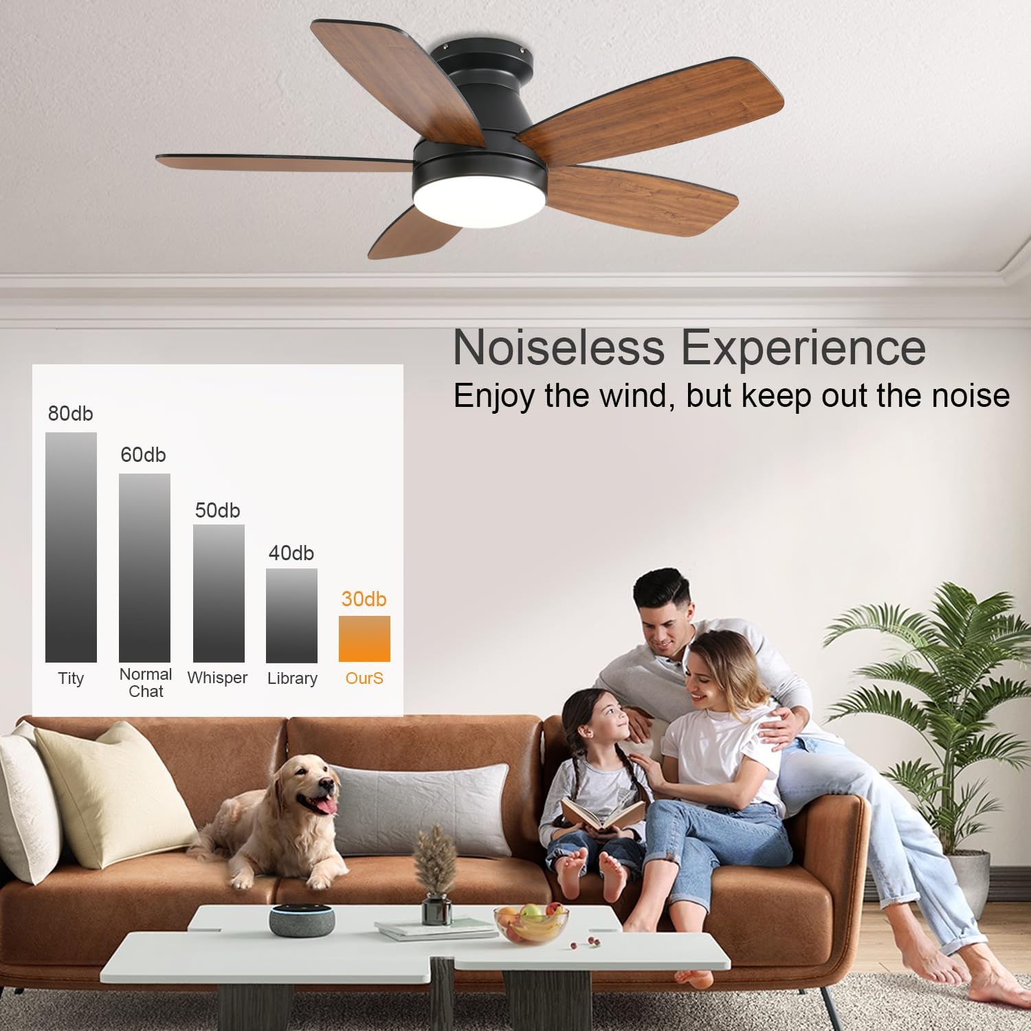 JSAITEE Ceiling Fans with Lights, 42 Inch Low Profile Ceiling Fan with Light and Remote/App Control, Flush Mount, Reversible, 3CCT, Dimmable, Noiseless, Brown Ceiling Fan for Indoor/Outdoor Use
