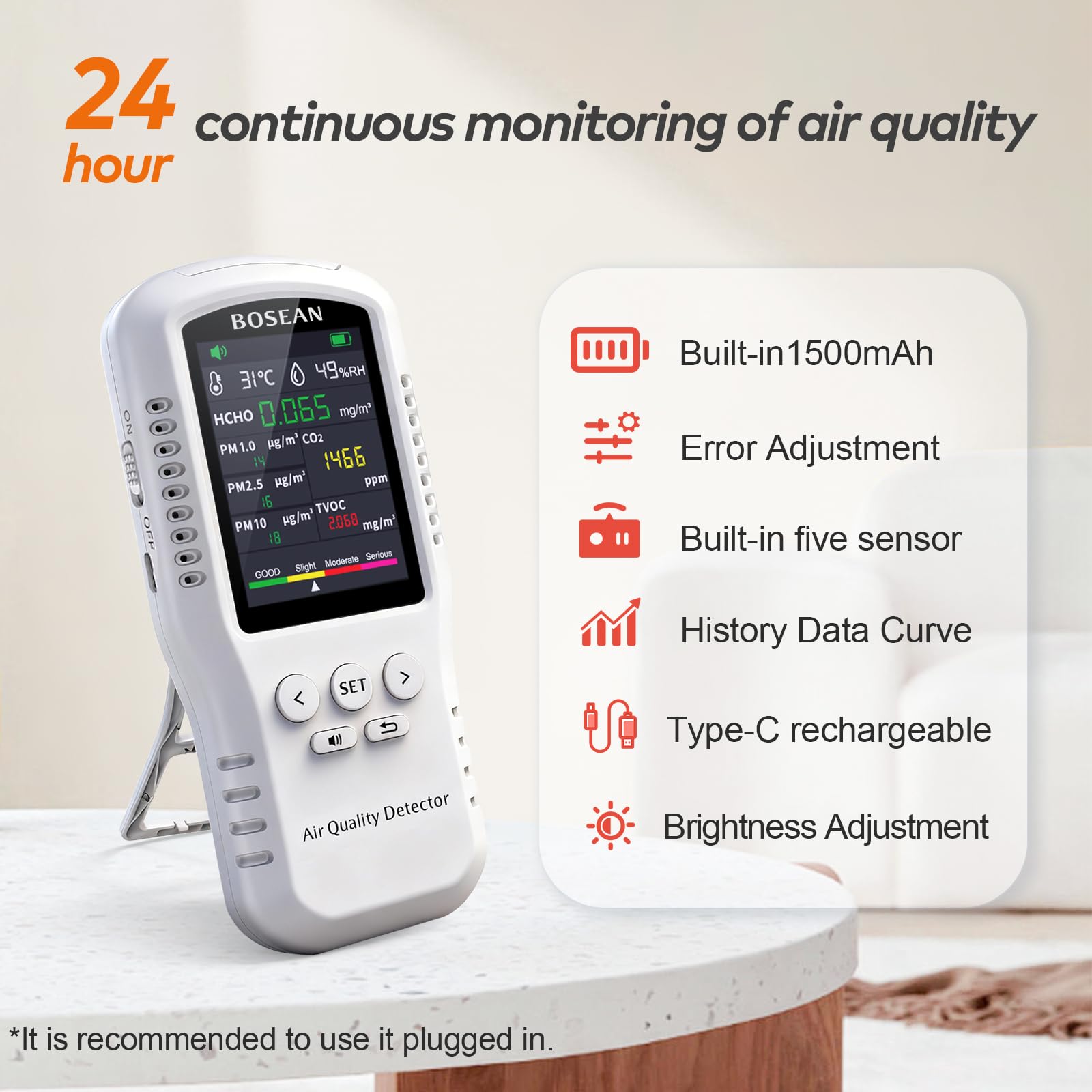 Luftqualitätsmesser für Haushalt CO2 TVOC HCHO PM2.5 PM10 PM1.0, 5 Reale Sensoren Temperatur- und Luftfeuchtigkeitsdetektoren, geeignet für Heimbüros oder Schulen, tragbares Luftqualitätsmesser T-Z01