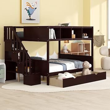 Harper & Bright Designs Bunk Bed with Stairs & Drawers, Twin Over Full Wood Bunk Bed Frame with Cabinet and Guardrails for Kids Boys Girls, Space-Saving, Espresso