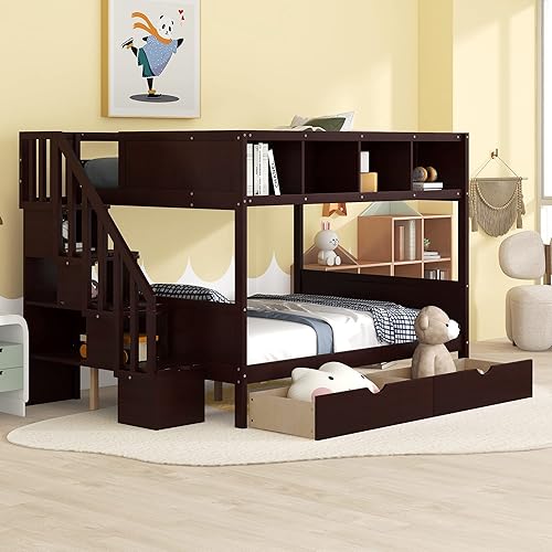 Twin Over Full Bunk Bed with Stairs Storage Function, Shelf and 2 Drawers, Wooden Frame Stairway Bunkbeds for Kids Teens Bedroom, Espresso
