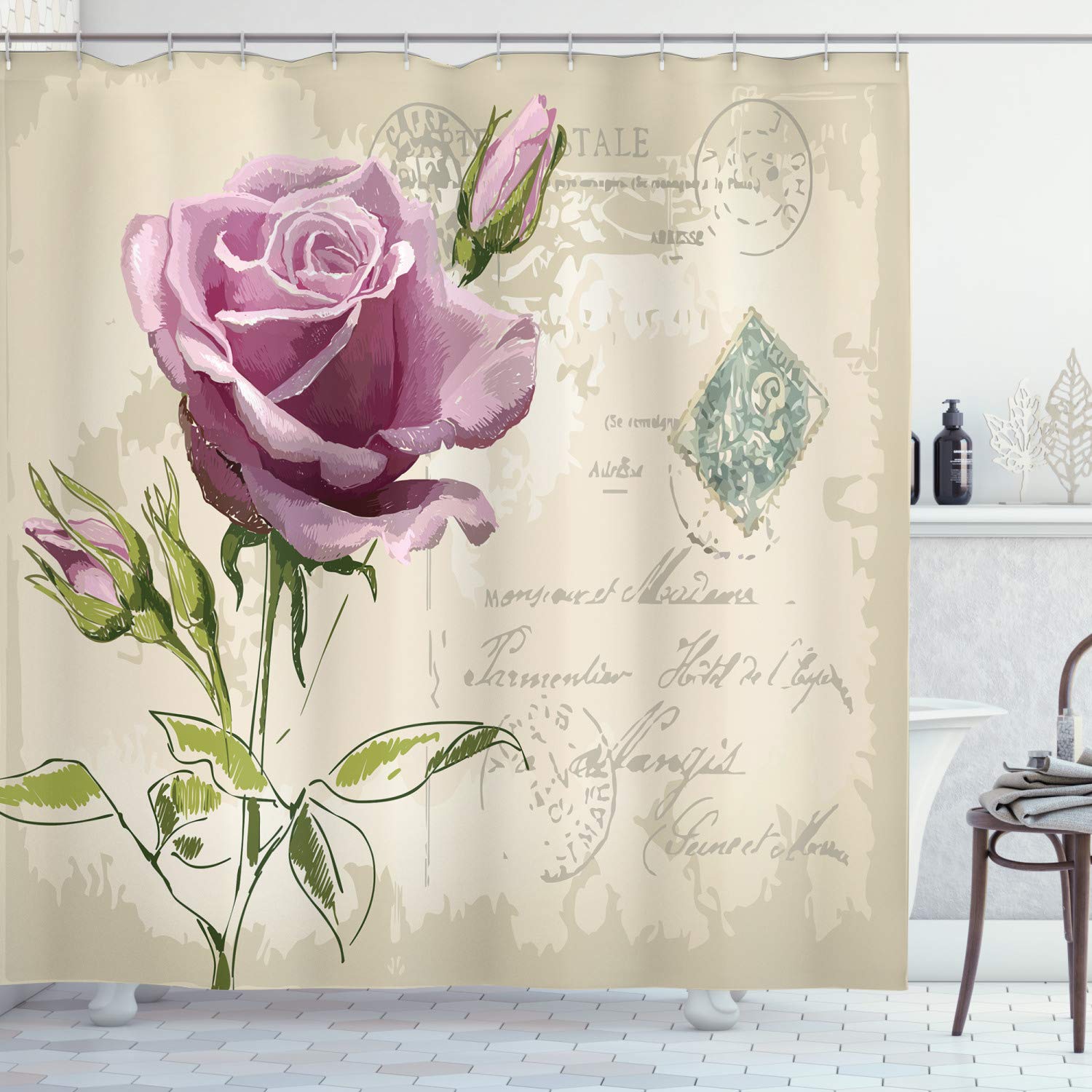 ABAKUHAUS Rose Shower Curtain, Vintage Postcard Design Delicate Flower Blossom Hand Drawing Print, Cloth Fabric Bathroom Decor Set with Hooks, 86 Inches Extra Long, Tan Pale Pink Green โ image 1