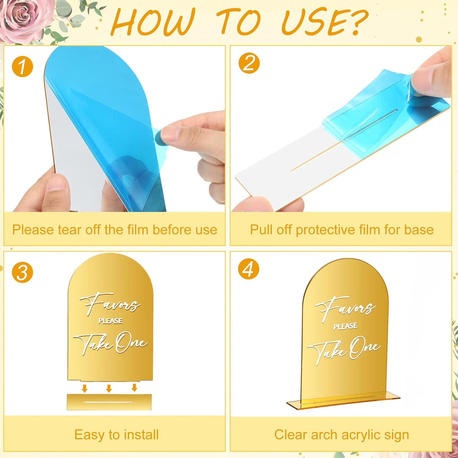 Woanger 4 Pcs Arch Acrylic Wedding Signs for Ceremony and Reception 4 x 6 Inches Gold Metal Welcome Wedding Signage with Stand, Gifts and Cards with Holder for Marriage Memorial Ceremony - Image 7