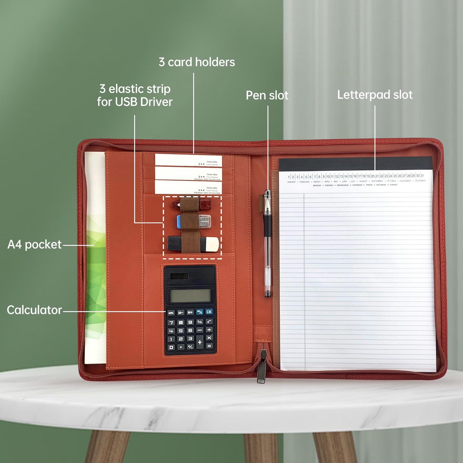 Portfolio organizer con cerniera, formato A4, in poliuretano, con calcolatrice, per interviste, curriculum, pianificatore, agenda, agenda e supporto per manici, per uomini e donne