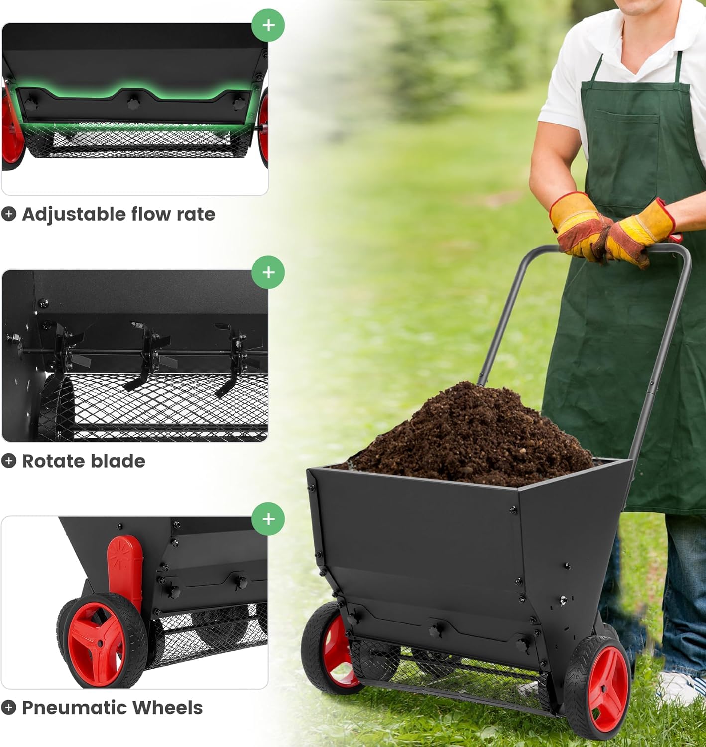 Épandeur de pelouse avec poignée – 4 roues, taux réglable, semoir de jardin pour engrais et pansement, design facile à pousser pour outils de jardin