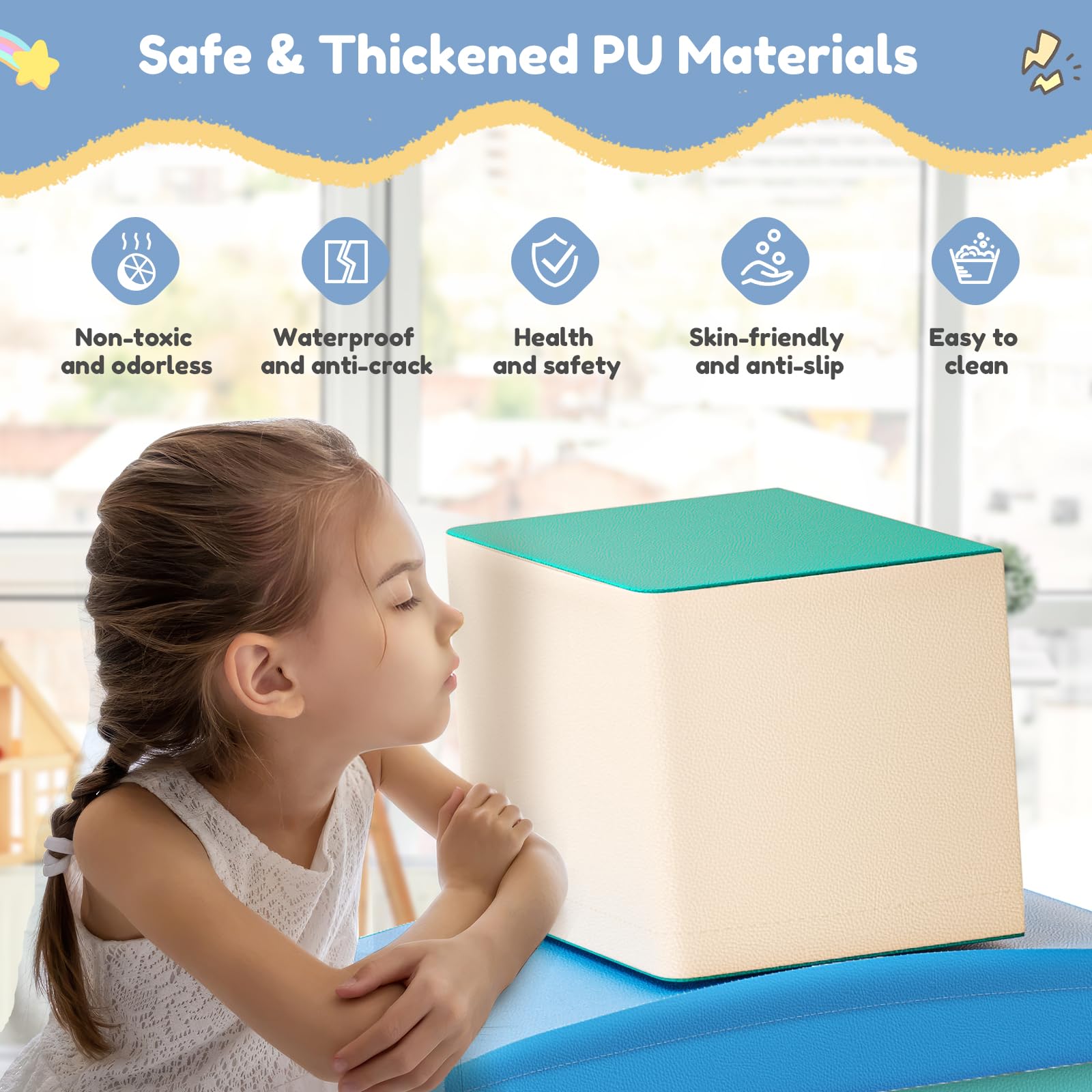 CUPCHID Blocchi da costruzione in schiuma per bambini, grandi blocchi da costruzione in schiuma giganti per bambini, giocattoli educativi prescolari per gattonare e arrampicarsi (Azzurro- 6 in 1)