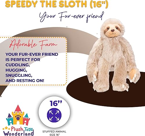 Speedy The Sloth Animal de peluche de 16 pulgadas para niños, adorable y seguro, almohada de felpa para un amigo perezoso, regalo de peluche para