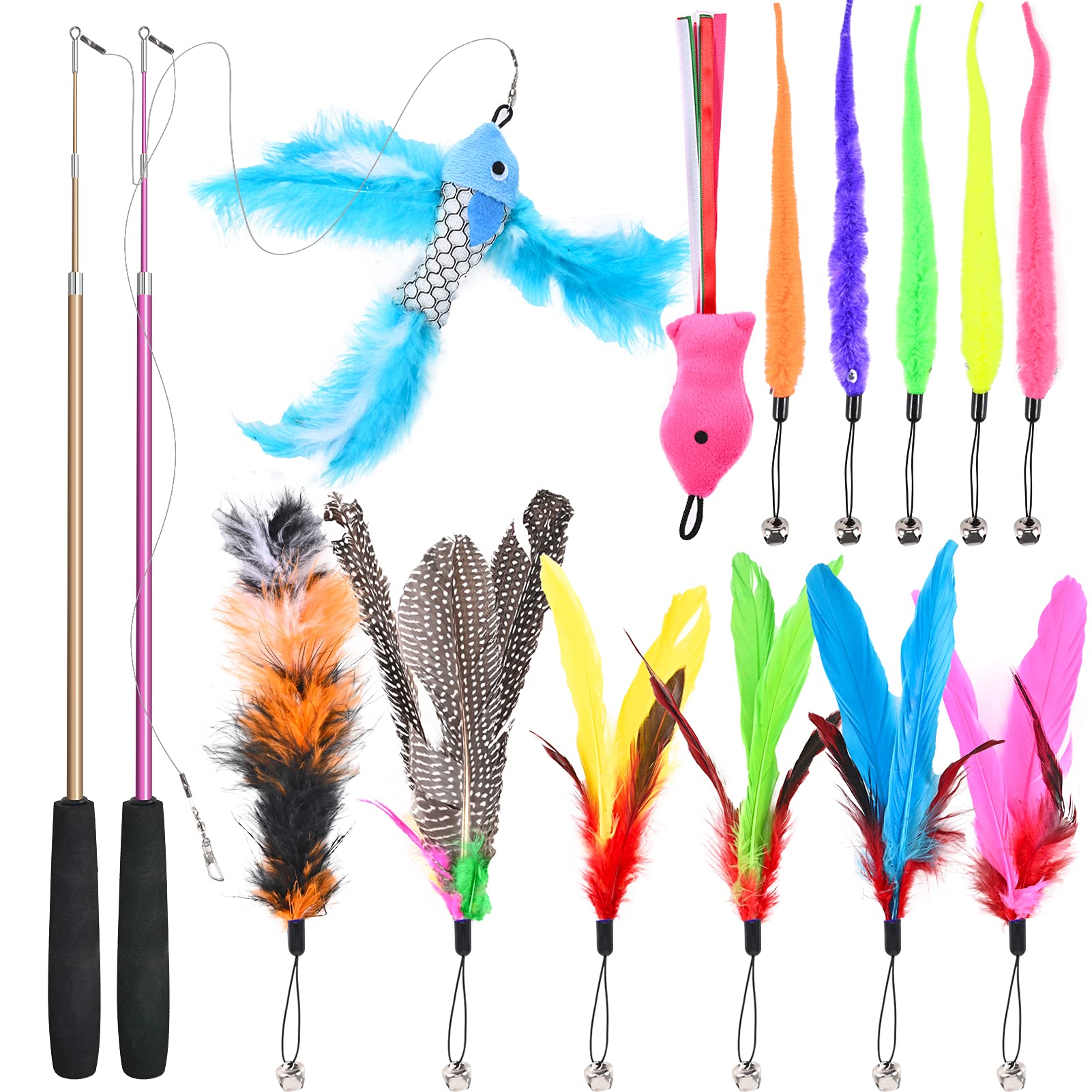 Set Giochi Con Piume Per Gatti GOLDGE - 17 Pezzi Con Bacchetta Retrattile E Piume Con Campanelli | Giocattoli Interattivi - Foto 6