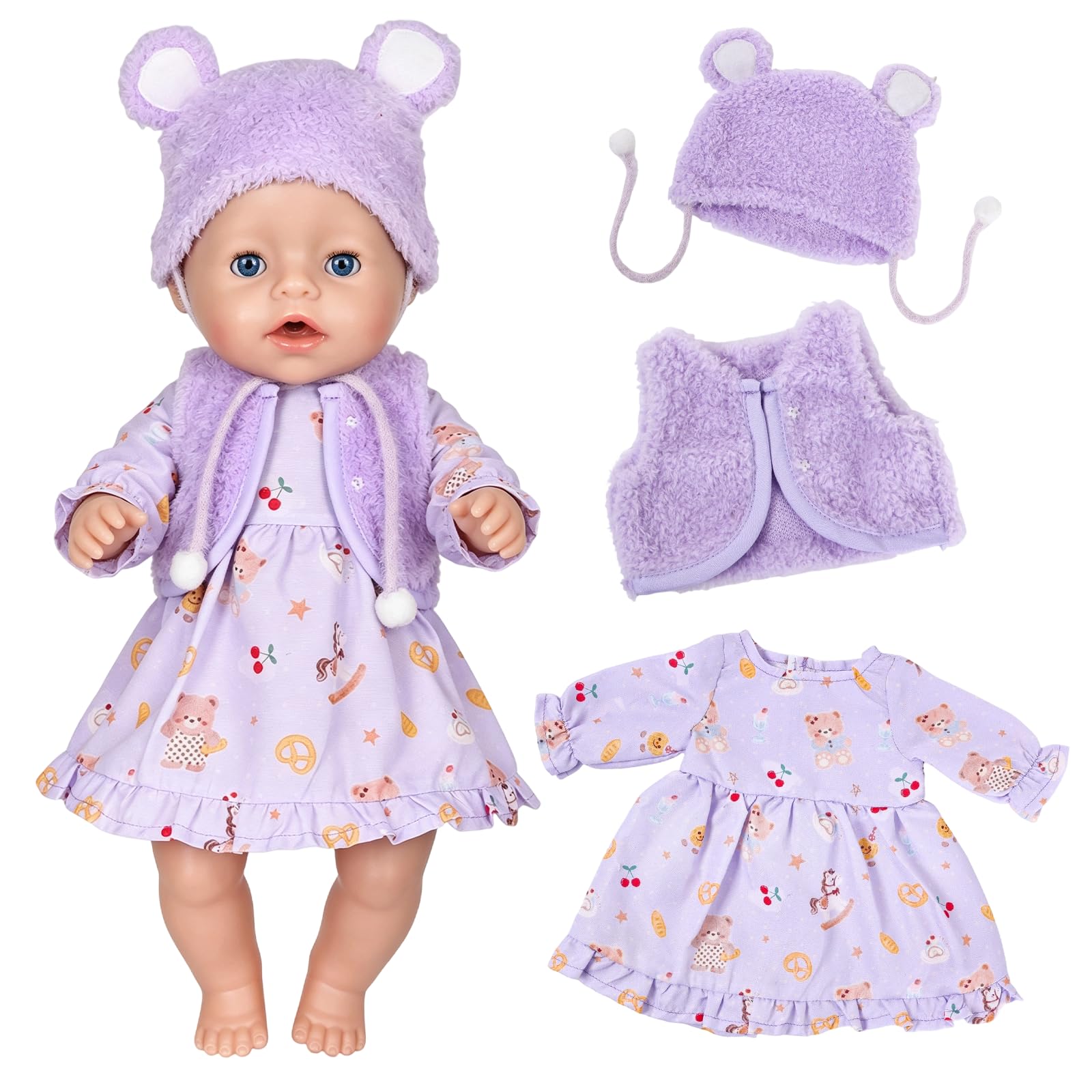 Baby Doll Clothes for 14-17 inch Newborn Baby Doll Purple Bear Doll Outfits