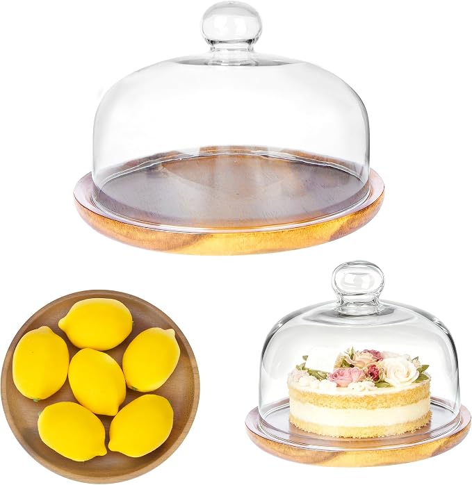 8 Inch Wooden Base Cake Display Stand with Glass Dome,Cloche Clear Glass Bell Jar Cover for Dessert Cheese Candy Plants Succulents（for Sizes up to 6.5 "）