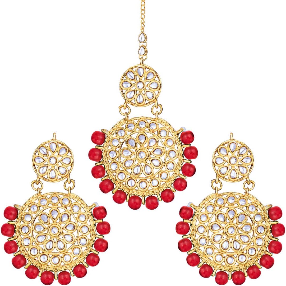 Aheli Floral Pattern Kundan and Beads Earrings Maang Tikka Set Indian Bollywood Ethnic Fashion Jewelry Gift for Women