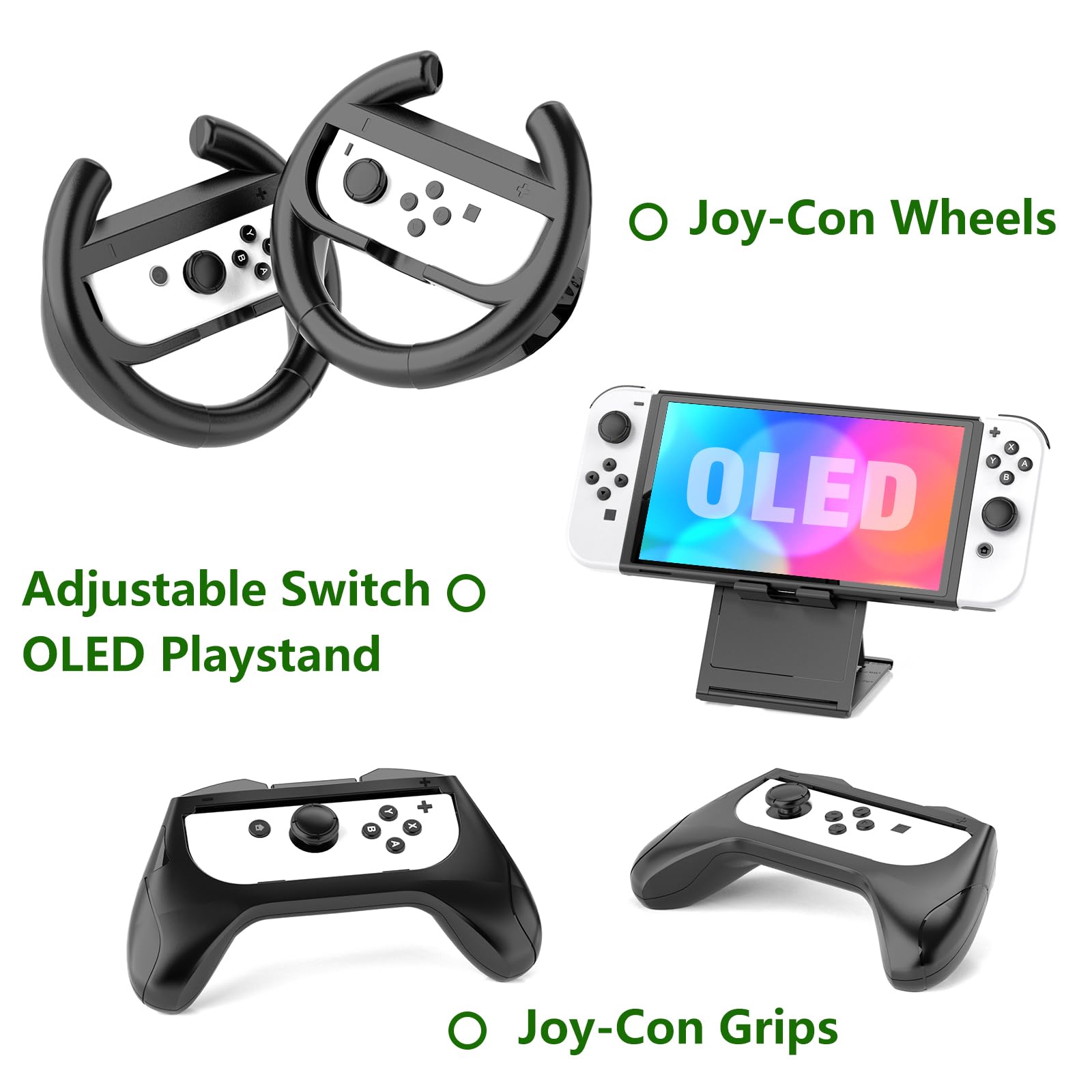 HEYSTOP Accesorios Funda para Nintendo Switch OLED, 27 EN 1 Carcasa Kits Incluye Estuche Protector para Switch OLED, Vidrio Templado, Volante JoyCon,Grip Joycon,Tapas Pulgar,Base de Carga - Negro