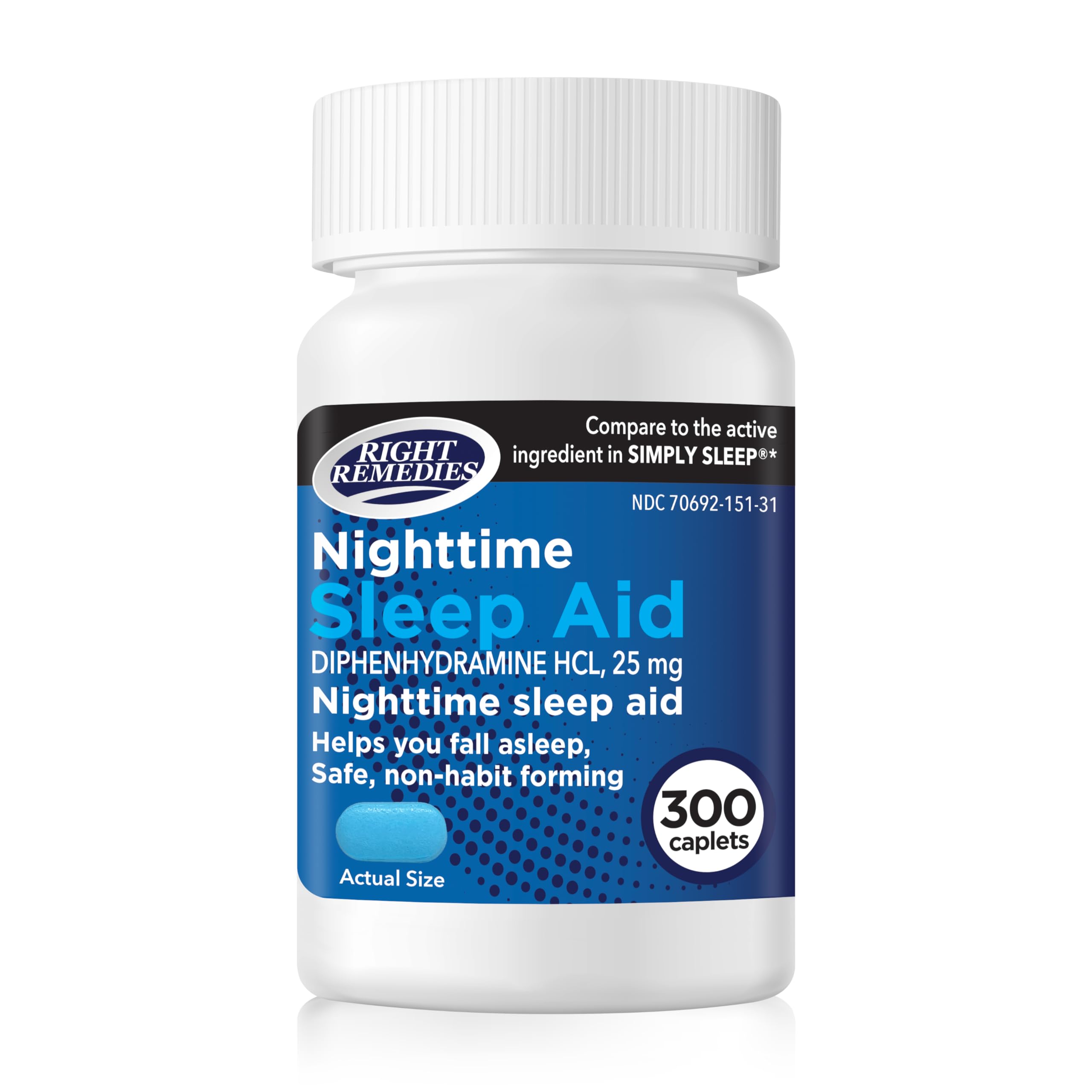 Nighttime Sleep Aid Caplets, Diphenhydramine HCl 25 mg, Safe & Non-Habit Forming, Compare to the Active Indgredient in Simply Sleep®, (300 ct)