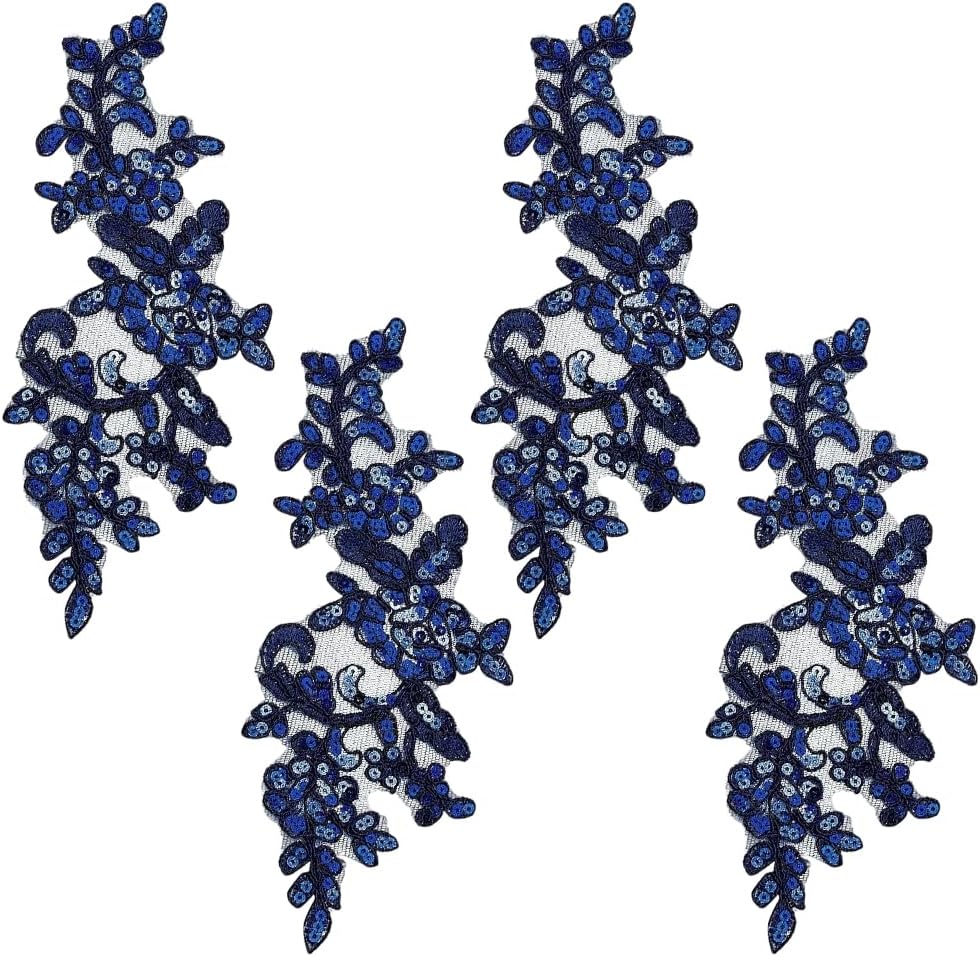 GORGECRAFT 4Pcs Sequin Embroidered Lace Patches Glitter Flower Lace Applique Leaf Vine Embroidery Appliques Midnight Blue Fabric Collar for DIY Sewing Crafts Wedding Gown Dress Bags Embellishment