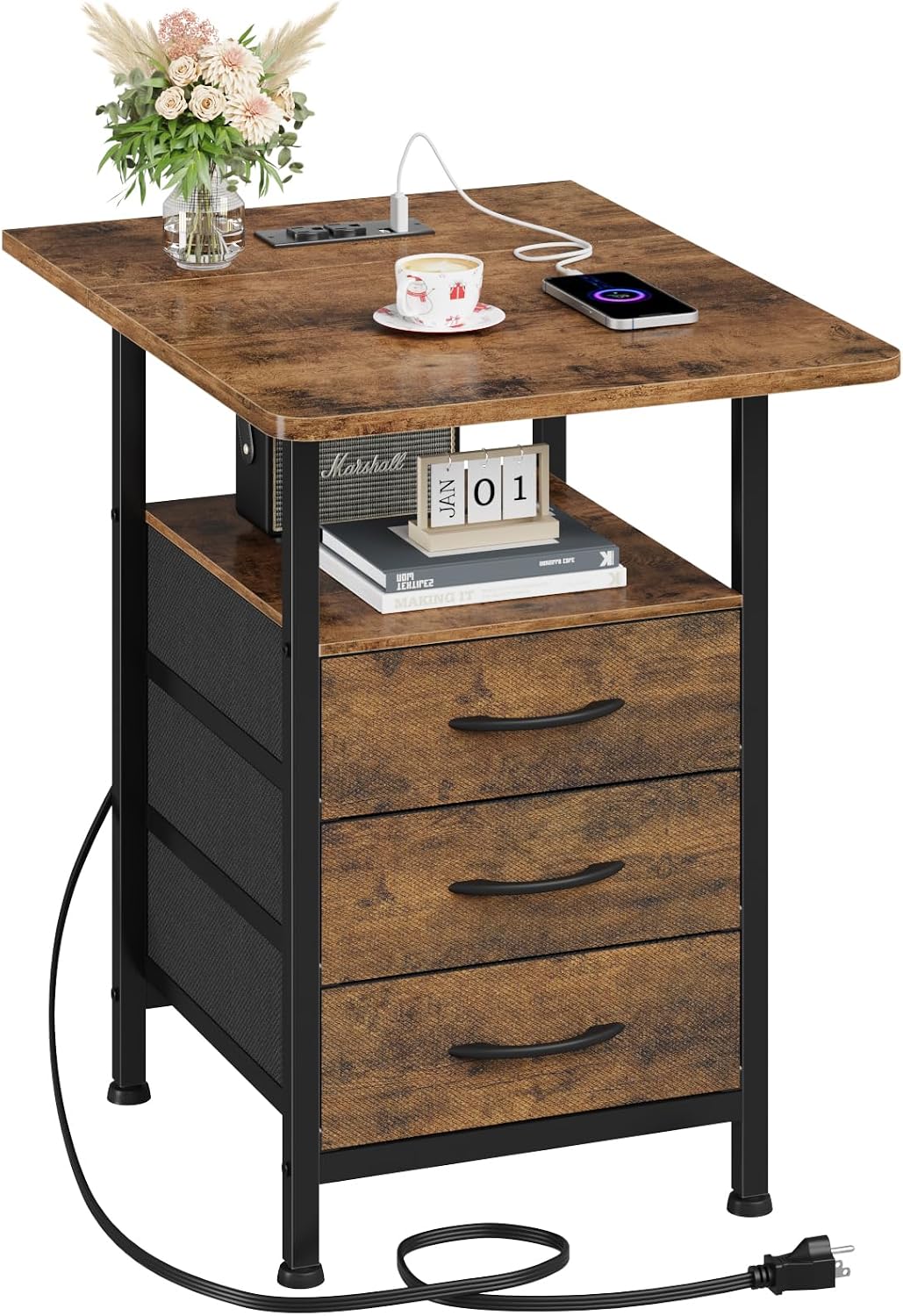 GYIIYUO 1-Pack Night Stand with 19'' Large Tabletop, 3 Fabric Drawer and Fast Charging Station, Bedside Table with Spacious Storage, Side End Table with USB Ports and Outlets, Bedroom, Rustic Brown