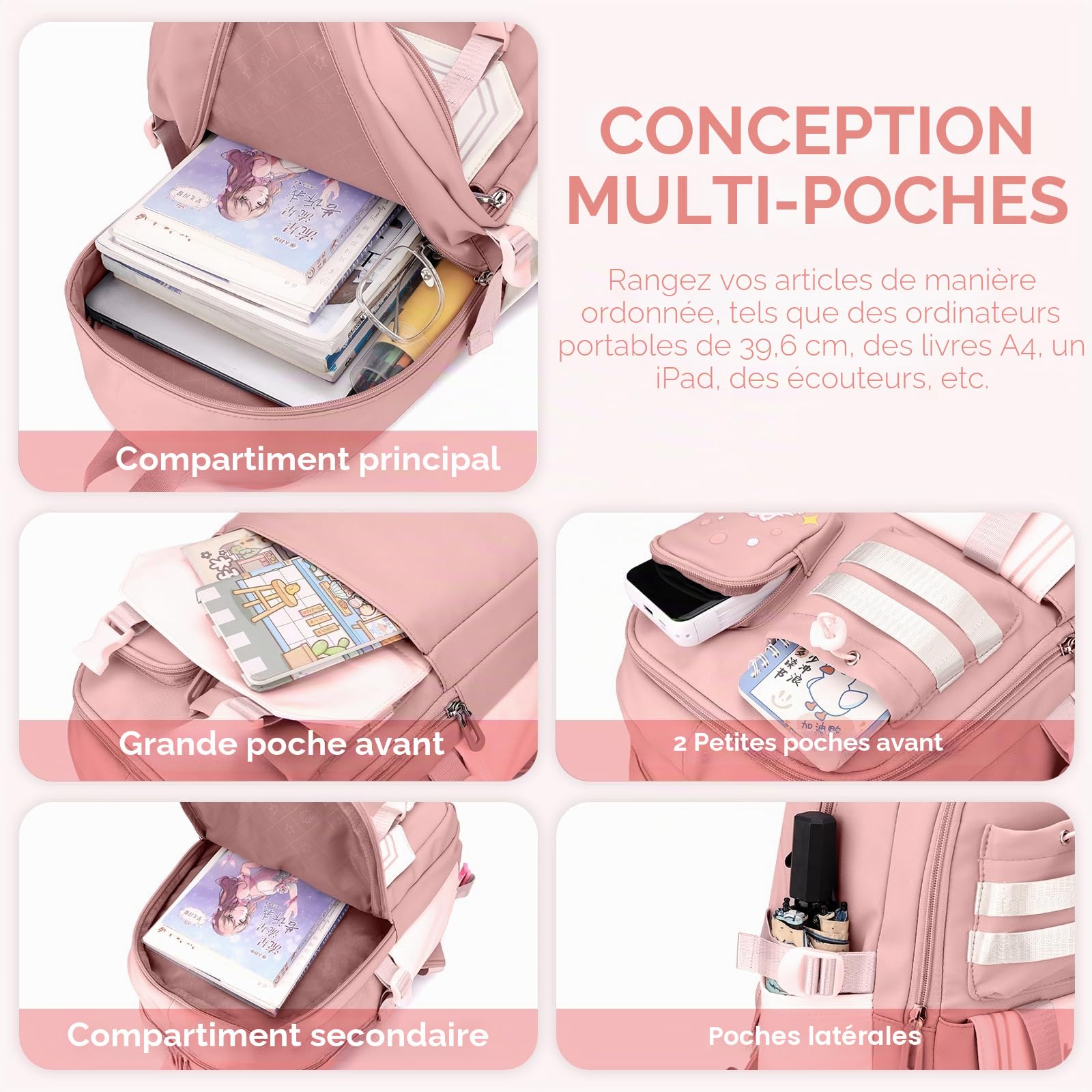 Amythe Cartable à Roulettes pour Filles 9 à 16 ans, 6 Roues 28L Rose