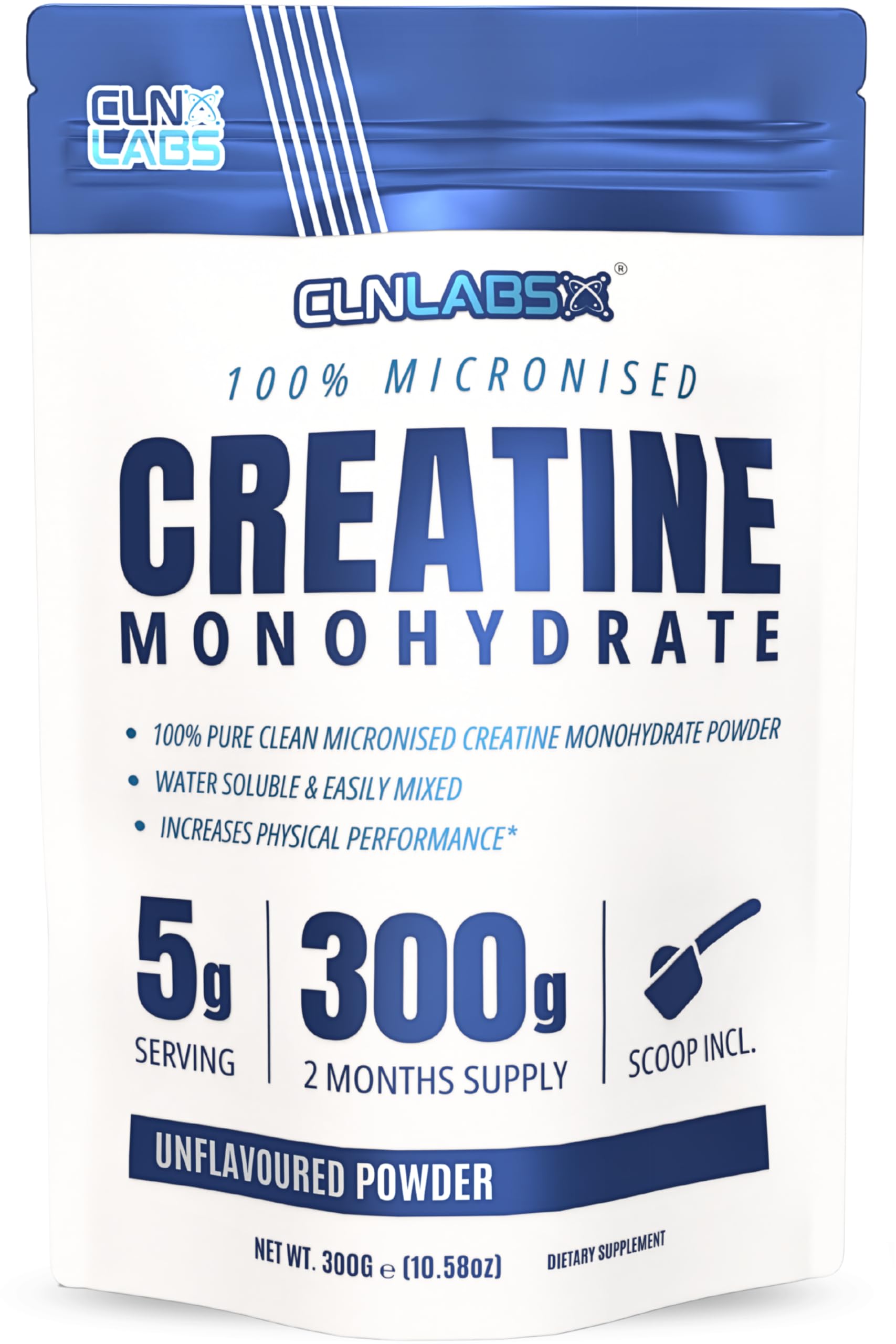Creatine Monohydrate Powder - 300g (60 x 5g Servings) | 200 Mesh Fine Grade Powder, Pure & Mixes Easily | Includes Scoop | Unflavoured | Made in The UK by CLN Labs