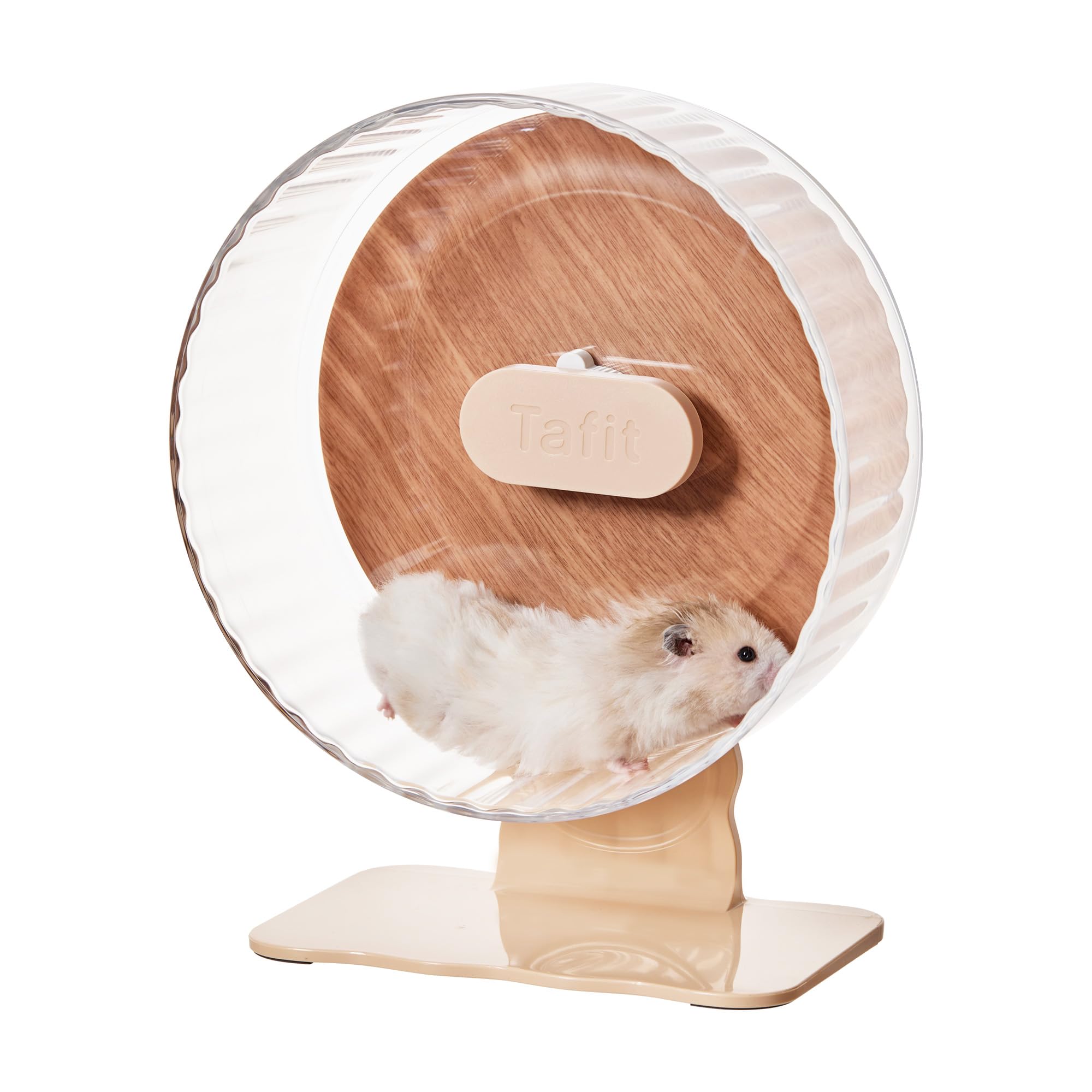Tafit Silent Hamster Wheel 10.5 Inch Dual-Bearings Quiet Running Exercise Wheels with Wood Grain Backboard, Height Adjustable for Syrian Hamsters, Gerbils, Mice, Hedgehog, Lemmings, Warm Brown