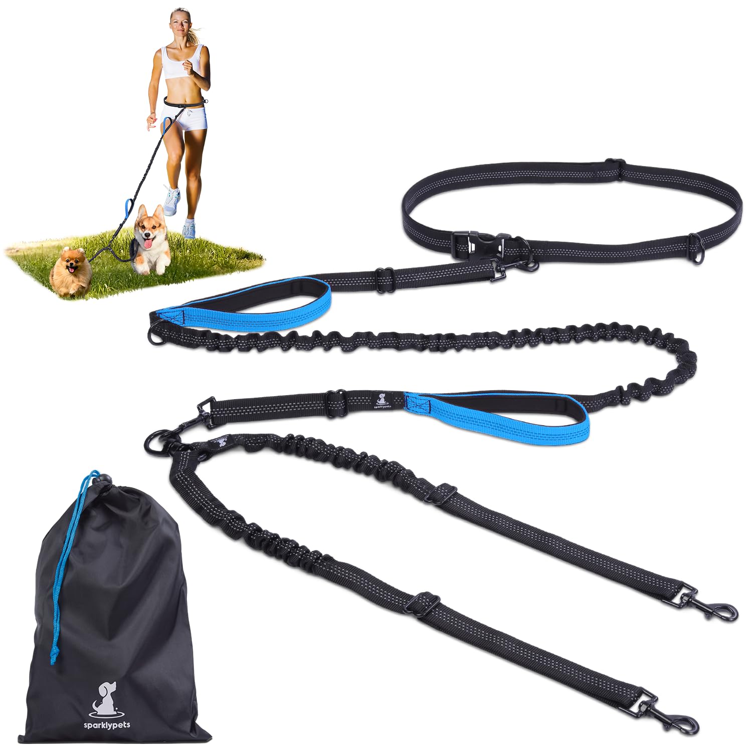 SparklyPets - Laisse Mains Libres pour 2 Chiens de Petite Taille - Harnais Professionnel avec Coutures réfléchissantes pour Entraînement, Marche, Jogging, Course à Pied