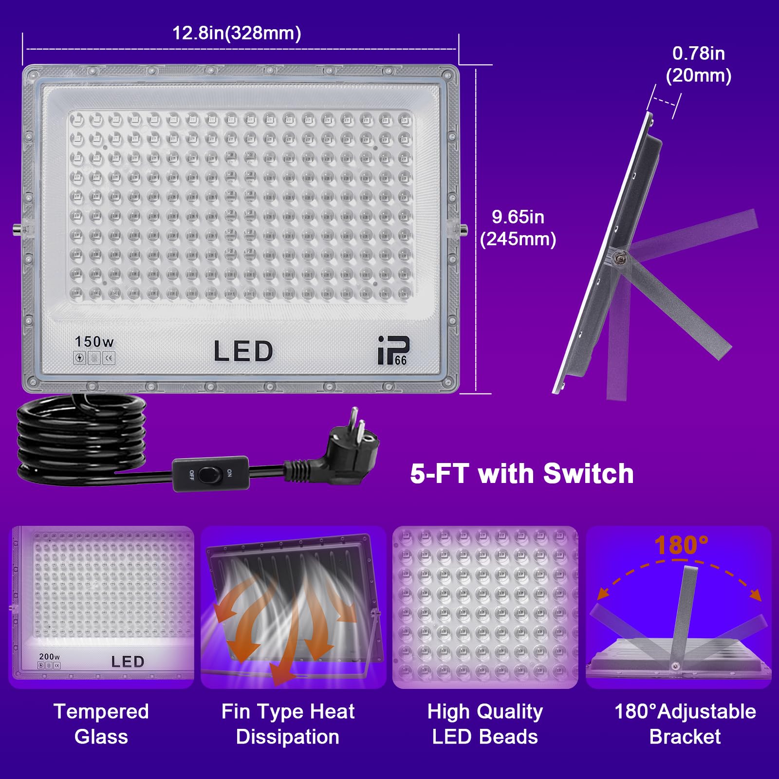 Luce UV LED 150W, Luce Nera uv 395-405nm, Faretto UV LED, Impermeabile IP66 Lampada ultravioletta, Faro uv per Festa fluorescente Halloween Natale Pittura del corpo